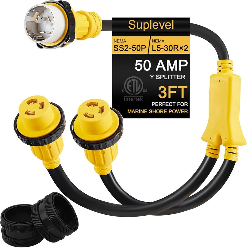 Suplevel Marine Shore Power Adapter, SS2-50P Y Splitter to (2) L5-30R, 50 Amp SS2-50P Male to 30 Amp L5-30R Female Y Adapter w/Locking Ring & Collar, STW 6 AWG, 3FT, ETL Listed - Image 1
